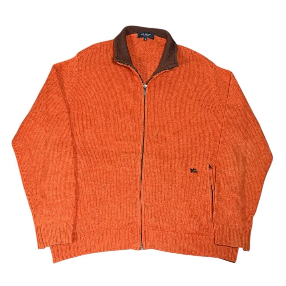 Vintage Burberry London Lambswool Full Zip Logo Sweater Orange Size 5